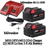 Milwaukee 48-59-1850 M18 RED LITHIUM XC 5.0 Ah Batteries (2) + 48-59-1812 M12 and M18 Multi Voltage Charger kit