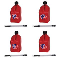 4 Pack VP 5 Gallon Square Red Racing Utility Jugs with 4 Deluxe Filler Hoses