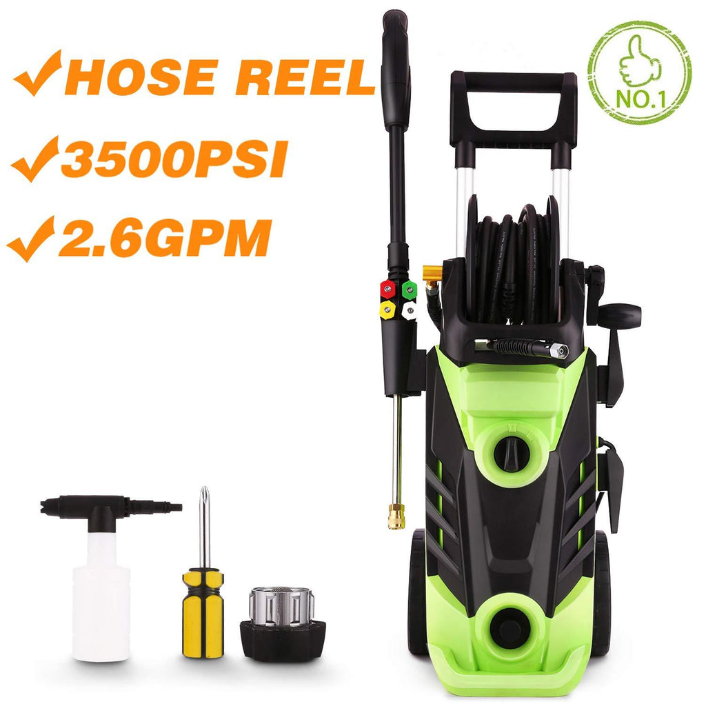 Homdox 3500 PSI Electric Pressure Washer, 1800W Power Washer, 2.6GPM High Pressure Washer, Professional Washer Cleaner Machine with 4 Interchangeable Nozzles,Hose with Reel,Green