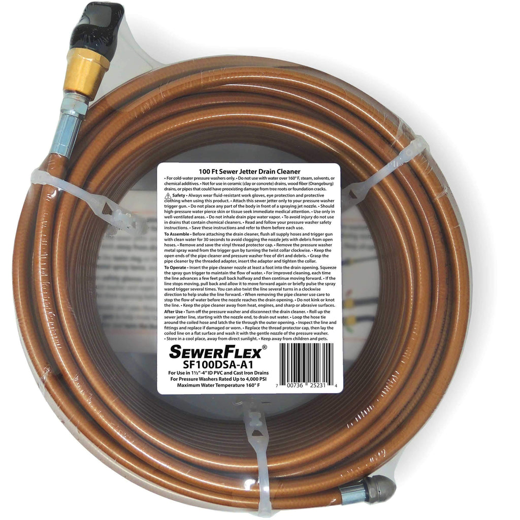 SEWER JETTER - 100 FT Premium Drain Cleaner for Your GAS Pressure Washer (Up to 2.8 GPM) by SewerFlex